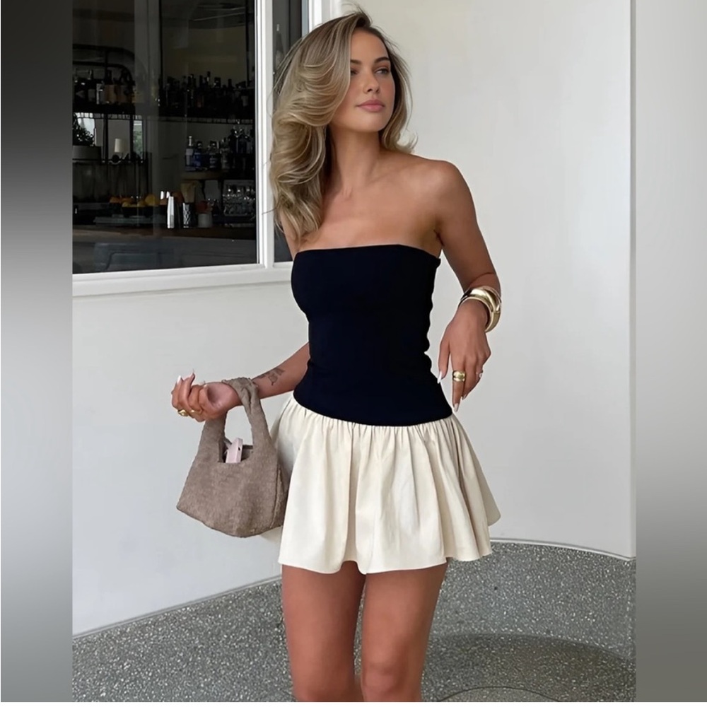 REVOLVE Black and Cream Strapless Dress